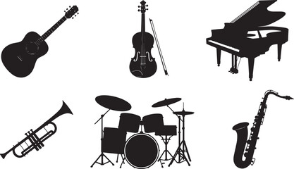 Classic Musical Instrument Silhouettes: Violin and Drum Set, Perfect for Music, Art, and Performance Concepts.