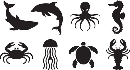 Diverse Sea Animal Silhouettes: Dolphin, Octopus, Jellyfish, and Turtle, Representing Marine Life and Ocean Ecosystems.