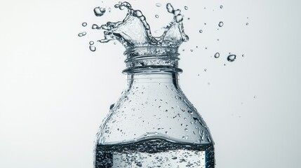 Water drops explode from a freshly opened bottle, captured in high resolution against a pure white backdrop