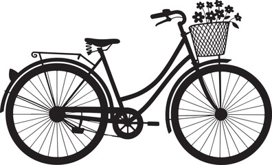 Stylish Bicycle Silhouette with a Blooming Flower Basket, Perfect for Spring Themes and Leisurely Pursuits.