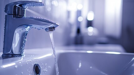 Water drops falling from a faucet in a spotless, contemporary restroom