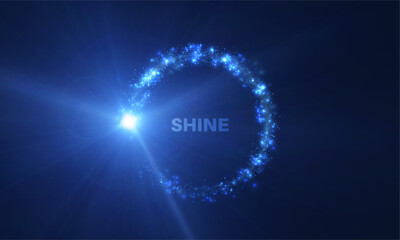 A glowing circle of bright light dust particles with a powerful blue flash creates a striking frame for text, digital logos, banners and illustrations.