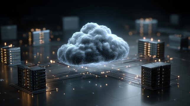 Digital cloud network with connected servers and data icons, representing cloud computing infrastructure and modern technology concepts in a clean and simple design.