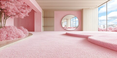 Serene Interior with Pink Carpet and Floral Accents in Modern Space
