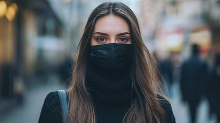 Woman with long hair wearing a black hygienic mask, walking through a city street with blurred urban background