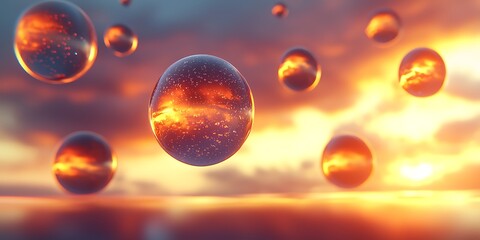 Floating Spheres in a Colorful Sunset with Dramatic Cloud Scenery