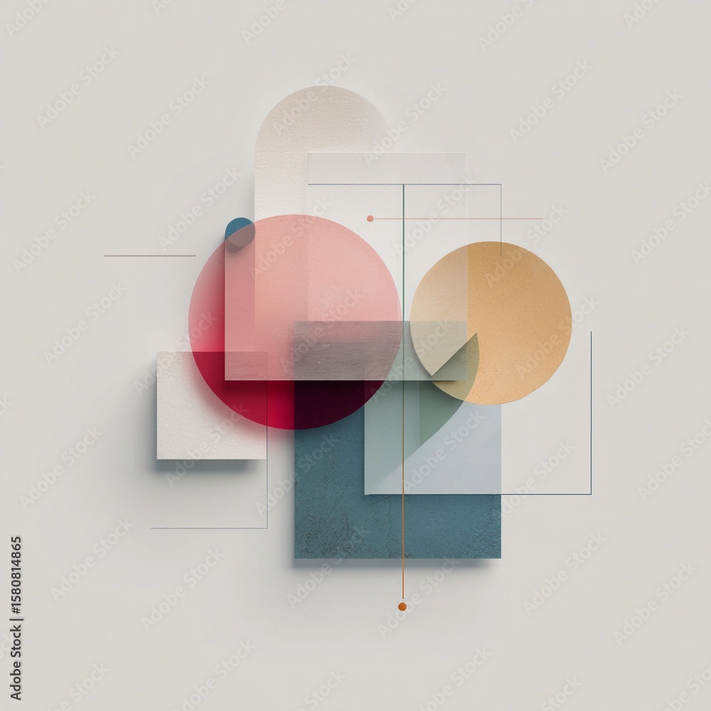 Poster abstract design featuring geometric shapes and muted colors on a neutral background, creating a mode