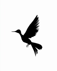 Obraz premium Elegant silhouette of a hummingbird in mid-flight against a stark white background showcasing its intricate wing structure