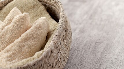 Spa towels basket, beige texture, wellness background