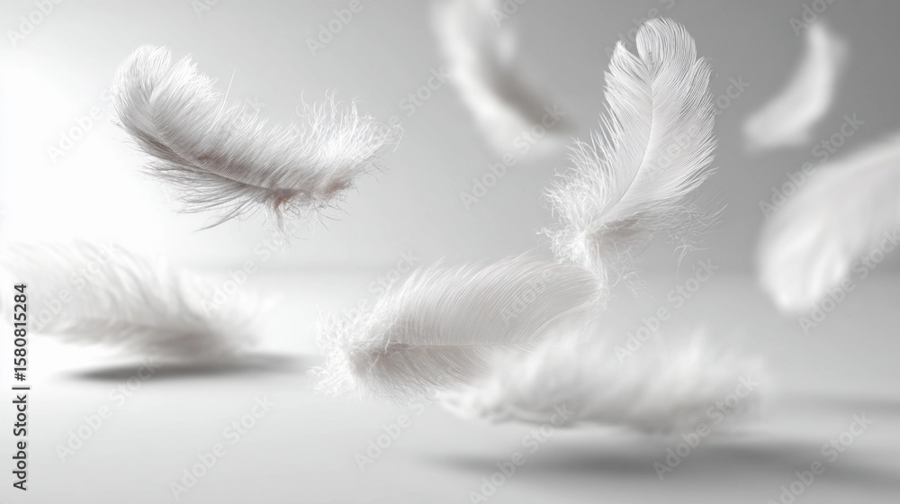 Aufkleber soft white feathers float gently in the air, creating a serene and tranquil atmosphere against a lig