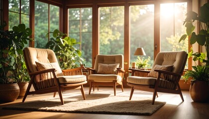 Fototapeta premium Sun-drenched living room with mid-century modern chairs