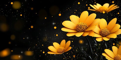 Bright Yellow Flowers Blooming in a Dark Background with Sparkles