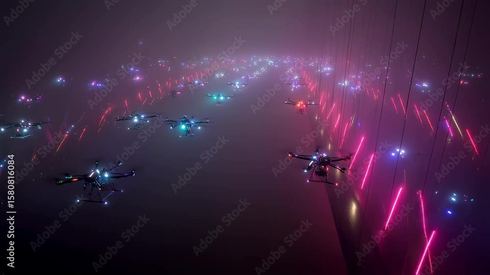 Aufkleber many drones flying at night with colorful lights creating a beautiful light show with laser beams of