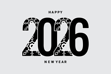 Banner with New Year 2026. Black numbers with snowflakes on a gray background. Card for printing, web design. Vector.