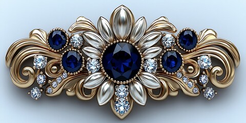Elegant Gold and Blue Gem Floral Design Jewelry Brooch