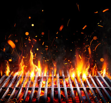 Barbecue Grill - Embers With Flames And Abstract Sparks - Grid And Fire On Charcoal In Black Background