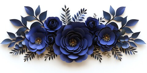 Elegant Navy Blue Paper Flowers with Green Foliage Decor Design