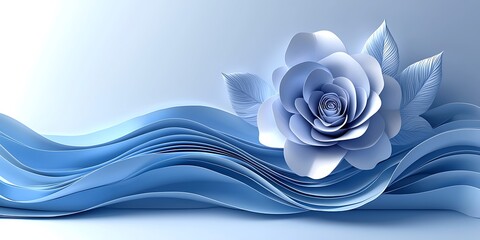 Soft Blue Paper Waves with Elegant Rose Blossom and Leaves