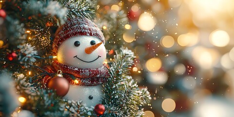 Cheerful Snowman Decorates Christmas Tree with Twinkling Lights