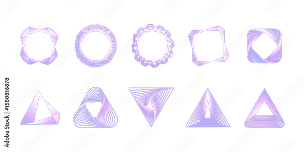 Poster a collection of glowing abstract vector geometric shapes made of rotating lines in minimalist style.