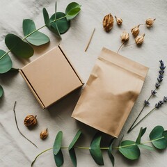 Natural and organic packaging with eucalyptus branches and dried flowers on a textured background flat lay composition