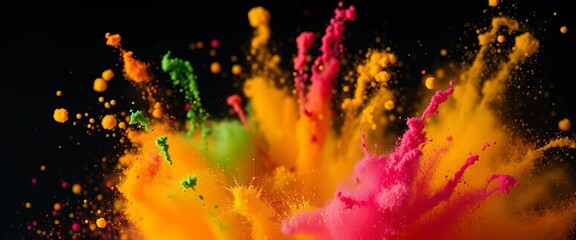Fototapeta premium Abstract close-up of vibrant colored powder explosion against a dark backdrop; swirling dust and paint create a Holi-like effect, cloud, holi