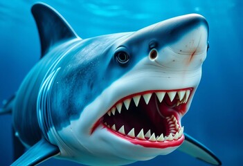 Aggressive blue shark, jaws wide, sharp teeth bared,  art,  illustration