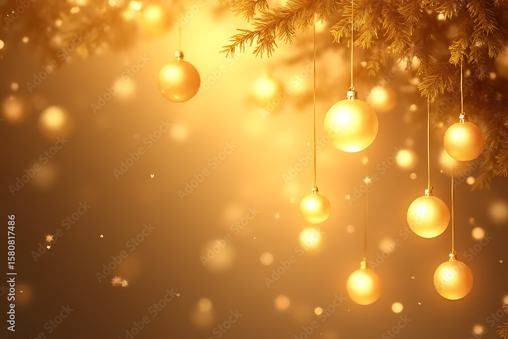 Poster golden christmas ornaments hanging from evergreen branches with bokeh lights and sparkling snowflake