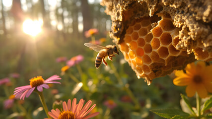 A bee hovers near a honeycomb during golden hour in a forest. Sunlight filters through the trees, illuminating vibrant wildflowers and highlighting the bee's delicate features as it seeks nectar