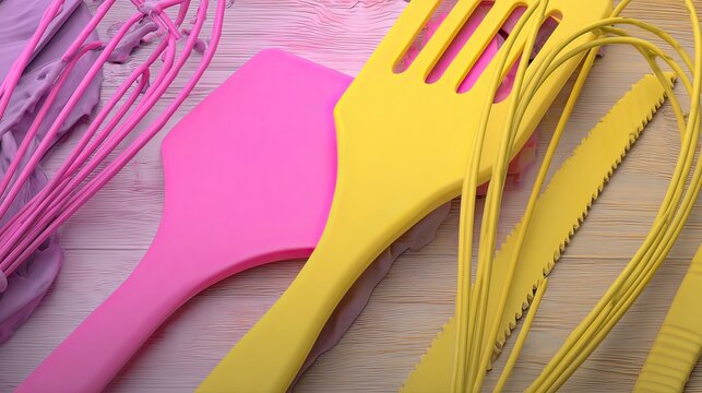 Pink yellow baking tools on wood, frosting spill, recipe background