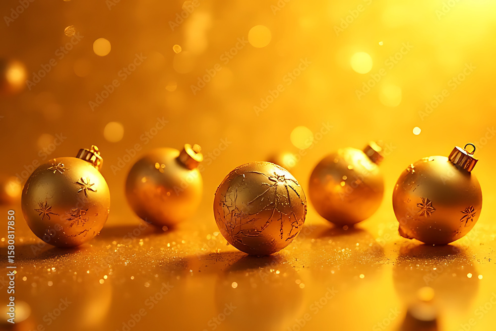 Poster golden christmas ornaments with textured surfaces and starburst patterns arranged on a reflective go