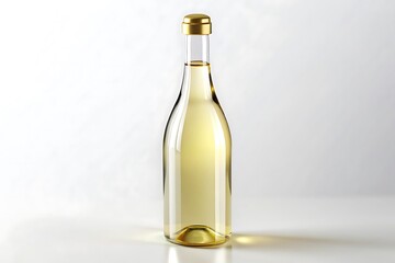 Elegant clear glass bottle filled with golden liquid and sealed with a metallic gold cap against a clean white background