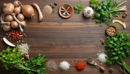 Various fresh herbs and spices arranged on a wooden table, featuring garlic, parsley, chili, onion, cucumber, and seasonings in a flat lay composition.