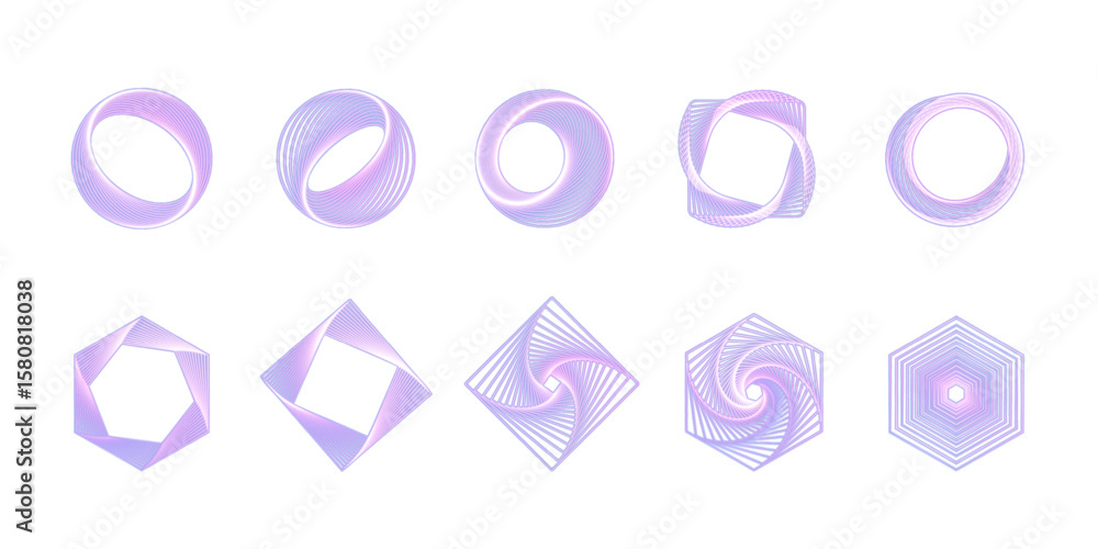 Poster a collection of glowing abstract vector geometric shapes made of rotating lines in minimalist style.
