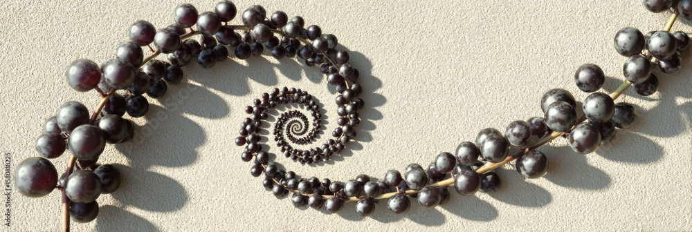 Poster grapes create a mesmerizing spiral pattern with shadows casting on a light background in an abstract