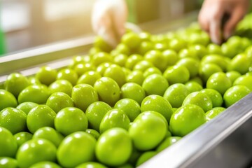 Fresh green olives being processed on a conveyor belt in a factory