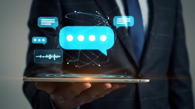 AI Chatbot Tablet Interface Speech and Text Communication Technology for Business. Futuristic AI Assistant.
