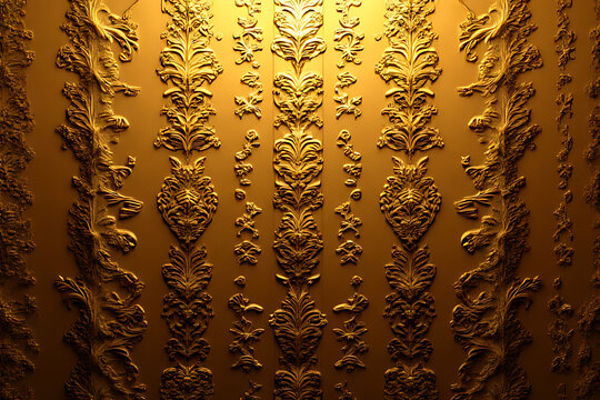 Fototapeta Golden embossed wall with repeating floral patterns and ornate decorative elements in warm yellow tones