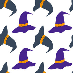 Halloween seamless pattern with witch hat. Vector.
