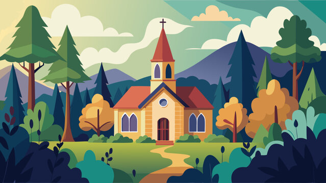 Vector art of an inviting church amidst autumn trees and rolling hills