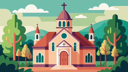 Obraz premium Vector art of an idyllic church with multiple steeples set against a scenic backdrop