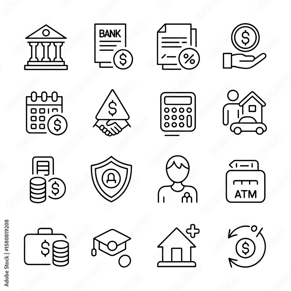 Aufkleber consistent thin line finance icon set with modern design elements for business banking and investmen