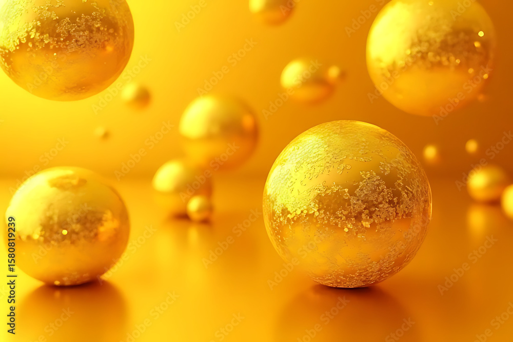 Poster golden spheres floating in a yellow space with textured surfaces and soft shadows creating a warm an