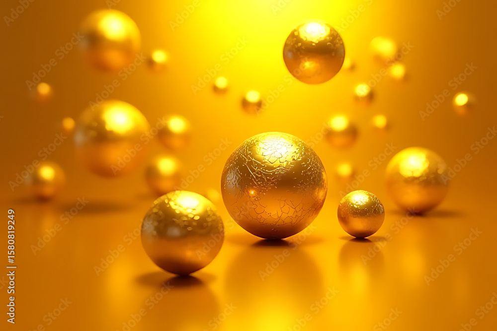 Poster golden spheres floating on a yellow surface with varying sizes and textures illuminated by bright li