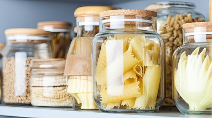 Pantry pasta storage jars, organized shelf, kitchen, food