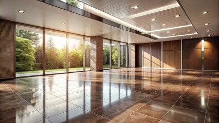 Spacious modern interior with large windows showcasing a tranquil garden view