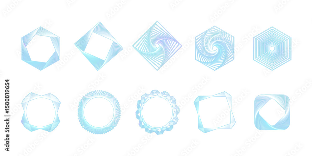 Poster vector set of abstract geometric shapes in blue tones on white background. elements with curved line