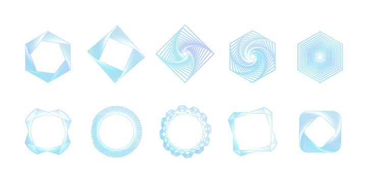 Vector set of abstract geometric shapes in blue tones on white background. Elements with curved lines and spirals for modern digital design, logos and backgrounds.