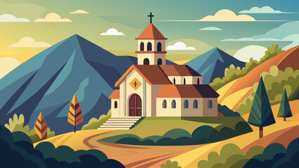 Naklejka premium Vector art of a picturesque church is nestled in a mountainous landscape