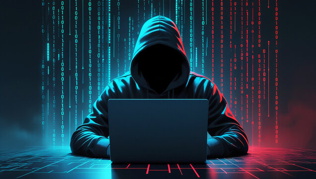 Hacker Breaking Into System with Binary Code Background. Cyber criminal Hacking Data on Laptop in Dark Room. Anonymous Coder Typing with Digital Code Effects.